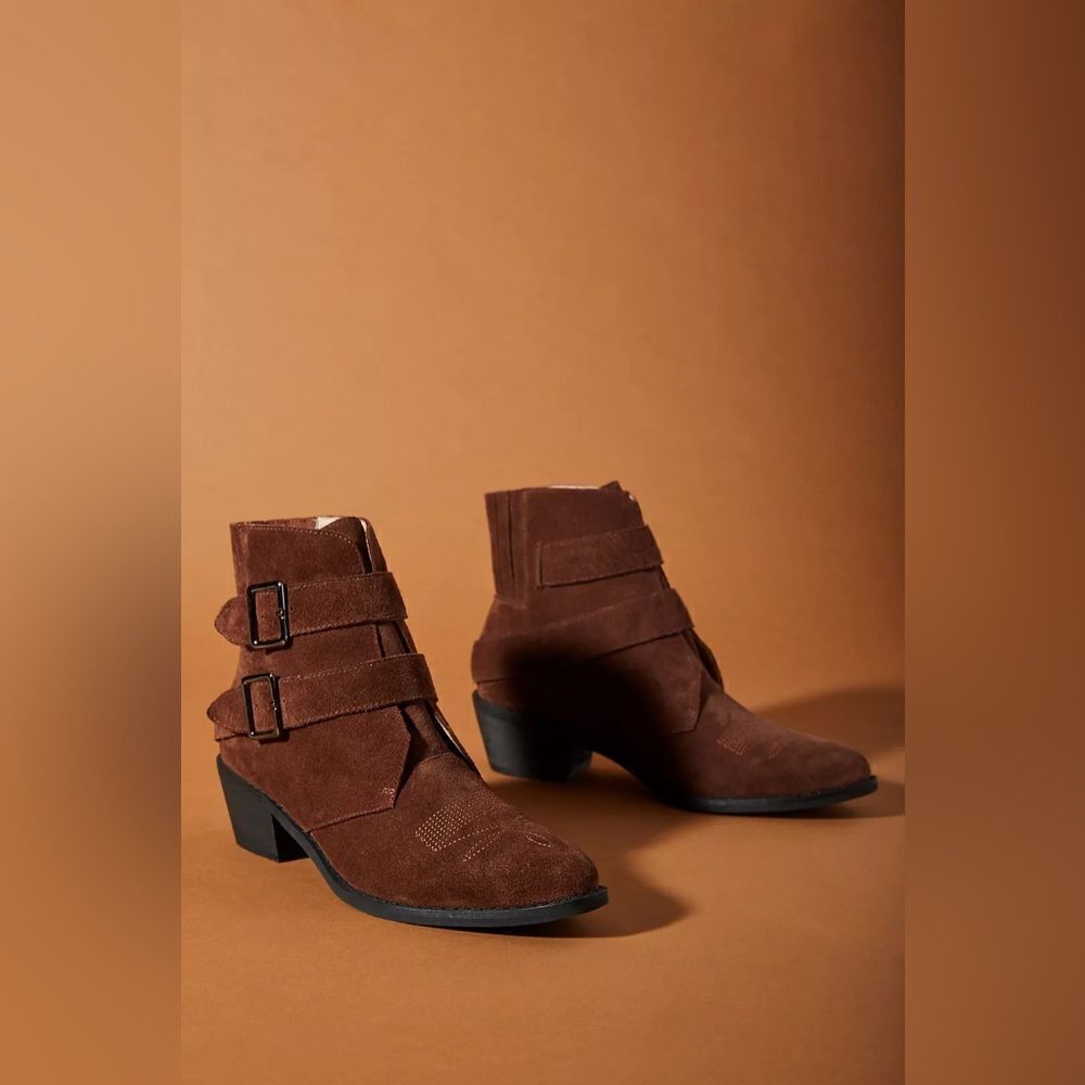 Anthropologie Buckled ankle boots brown suede 7.5 NEW
